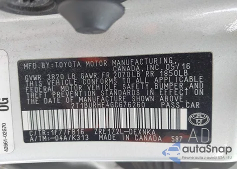 2016 Toyota Corolla Le z USA, uszkodzony, nr VIN 2T1BURHE4GC676260
